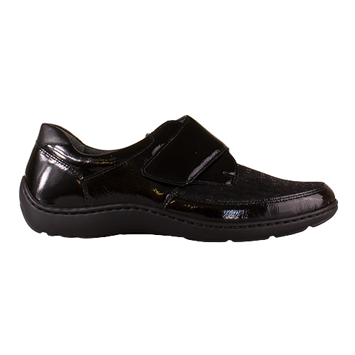 Black shoe with velcro strap on a white background
