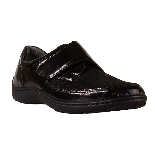 Black shoe with a strap on a white background