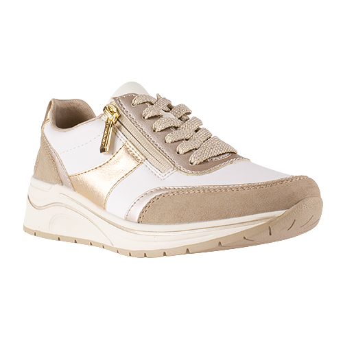 Beige and white sneaker with a gold zipper on a white background