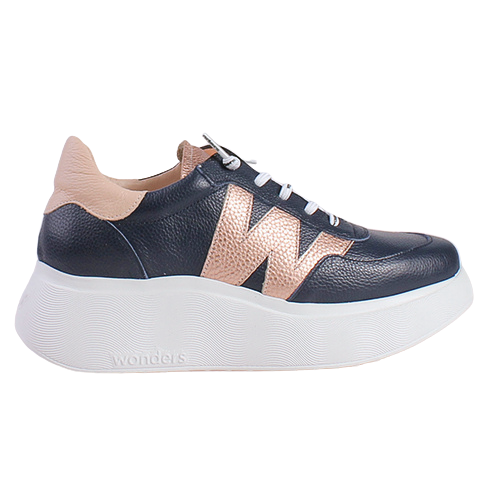 Wonders Ladies Platform Trainers - A-3625 - Navy/Rose Gold