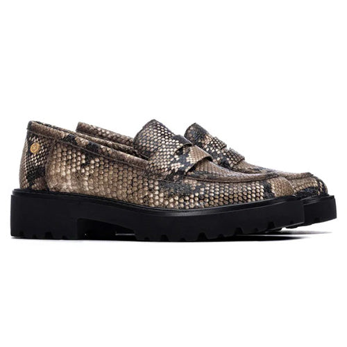 A pair of platform loafers featuring a brown and beige snakeskin pattern with a thick black lug sole, shown against a plain white background.