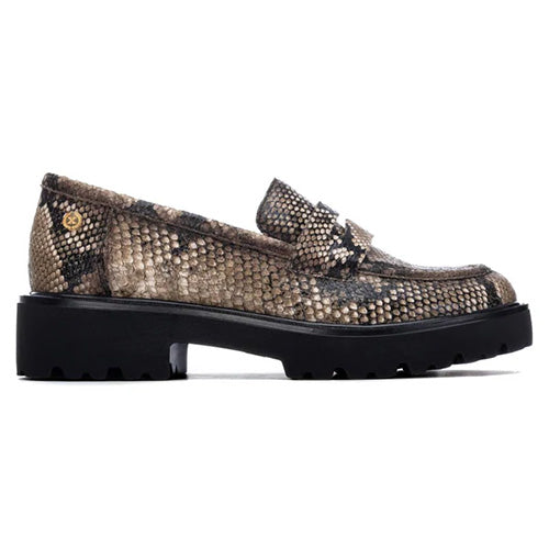 A single platform loafer in a brown and beige snakeskin pattern with a black lug sole, shown in a side profile on a white background.