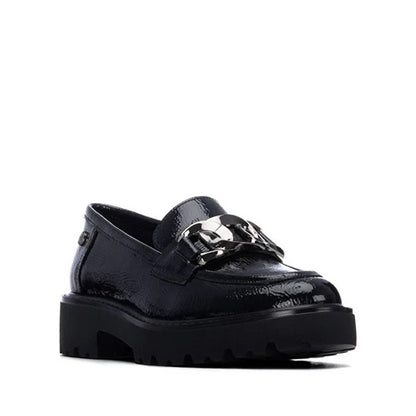 A single black patent leather loafer with a chunky lug sole and a prominent silver-tone chain strap across the vamp, shown against a plain white background.