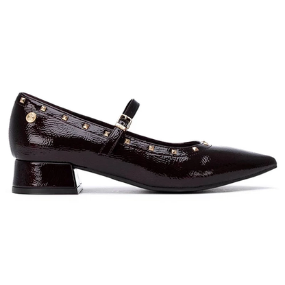 Burgundy Patent Pump with decorative gold studs on a white background