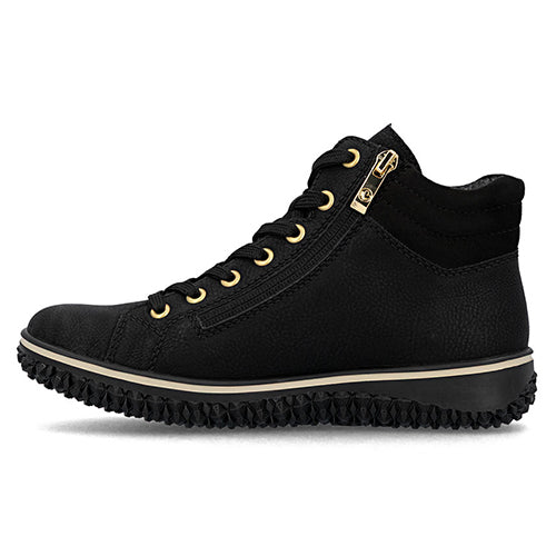 A black high-top lace-up shoe with gold-tone eyelets, a side zipper, and a black treaded sole with a thin beige midsole stripe, shown against a plain white background.