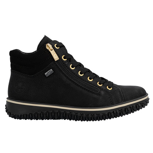 A black high-top shoe with gold-tone eyelets, a gold zipper pull, and a black sole with a light beige midsole stripe, shown against a plain white background.