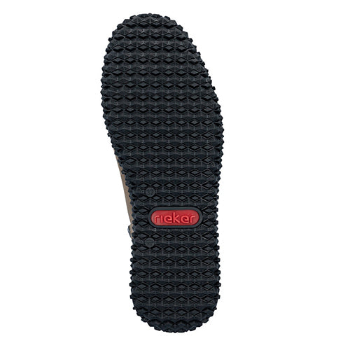 Black sole of a shoe with a red logo on a white background