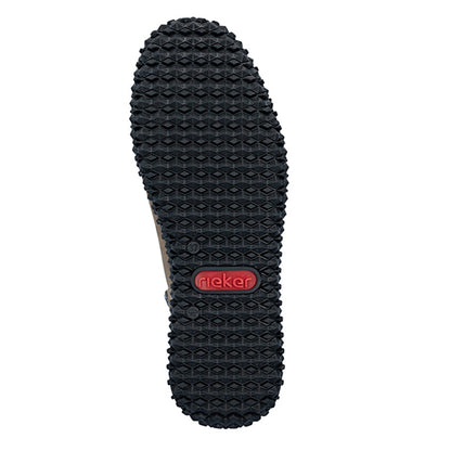 Black sole of a shoe with a red logo on a white background