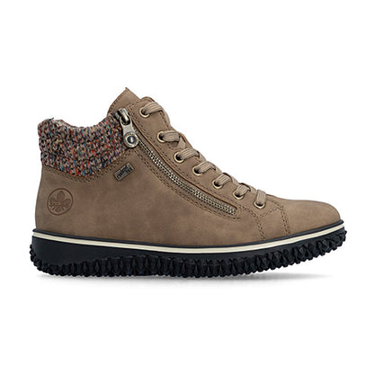 Brown winter boot with a textured cuff on a white background