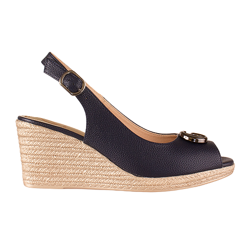 Navy wedge sandal with jute sole on a white background