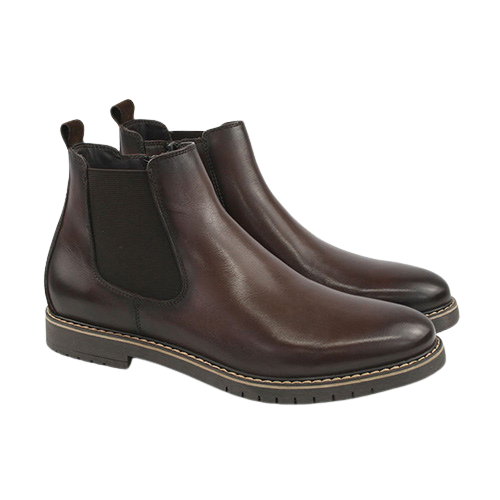A pair of dark brown leather Chelsea boots with black elastic side panels, shown on a plain  background.