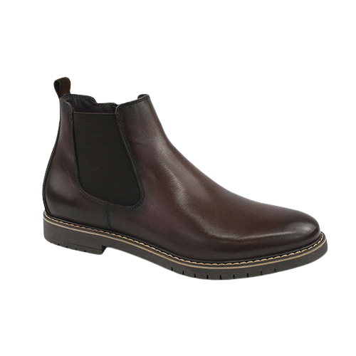 A dark brown leather Chelsea boot with black elastic side panels, a low stacked heel, and light tan contrast stitching, shown from a side profile on a white background.