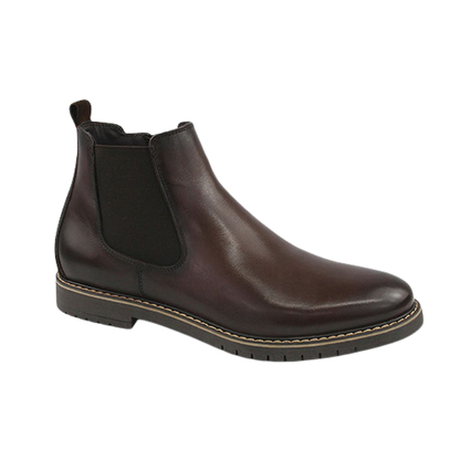 A dark brown leather Chelsea boot with black elastic side panels, a low stacked heel, and light tan contrast stitching, shown from a side profile on a white background.