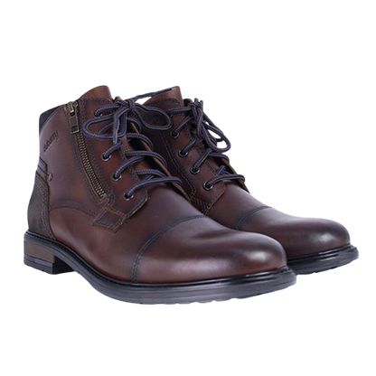 Pair of dark brown leather boots with side zip and laces and suede detail on the back of boot. Taken on a plain background