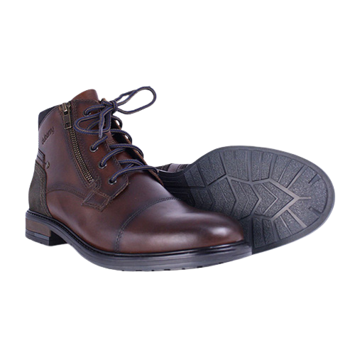 Pair of dark brown leather boots with side zip and laces and suede detail on the back of boot, showing sole of boot. Taken on a plain background