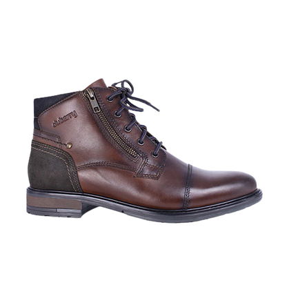 Single dark brown leather boot with side zip and suede detail on the back of boot. Taken on a plain background