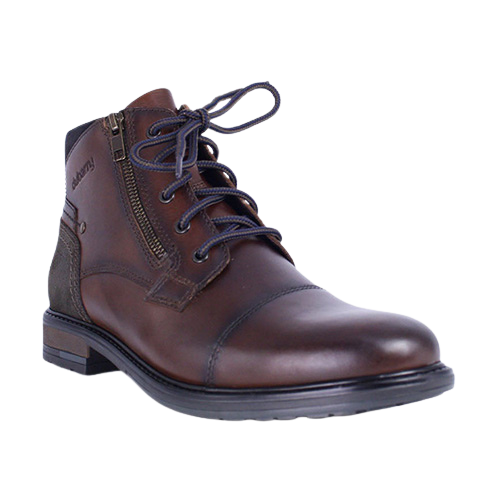 Single dark brown leather boot with side zip and suede detail on the back of boot. Taken on a plain background