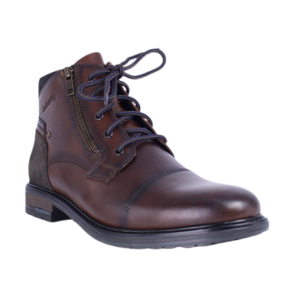 Single dark brown leather boot with side zip and suede detail on the back of boot. Taken on a plain background